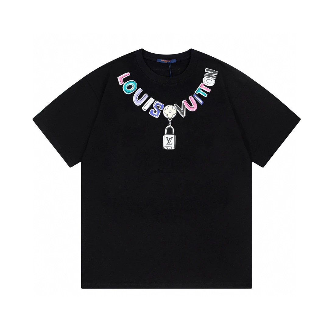 Louis Vuitton Necklace Letter Chain Tee Black