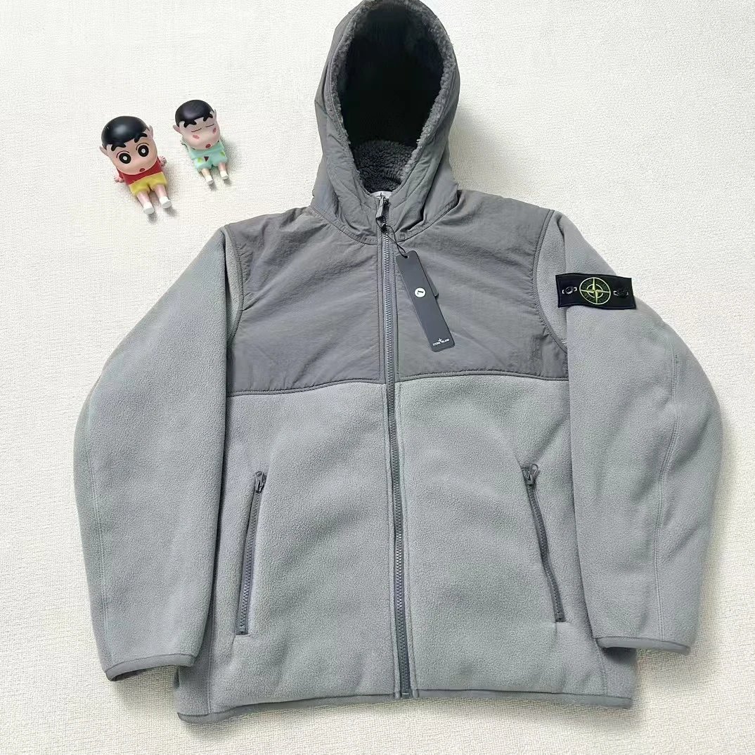 Stone Island Fleece Hooded Jacket Gray Outerwear - 3