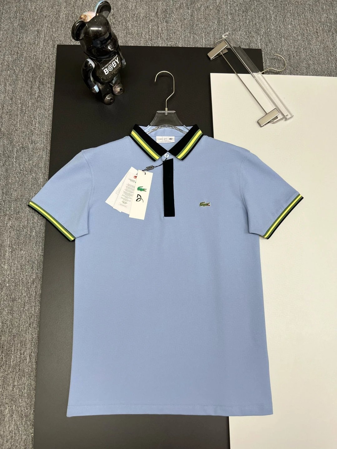 Lacoste Classic Polo Black with Striped Collar and Cuff Trim Polo Polo Shirt - 9