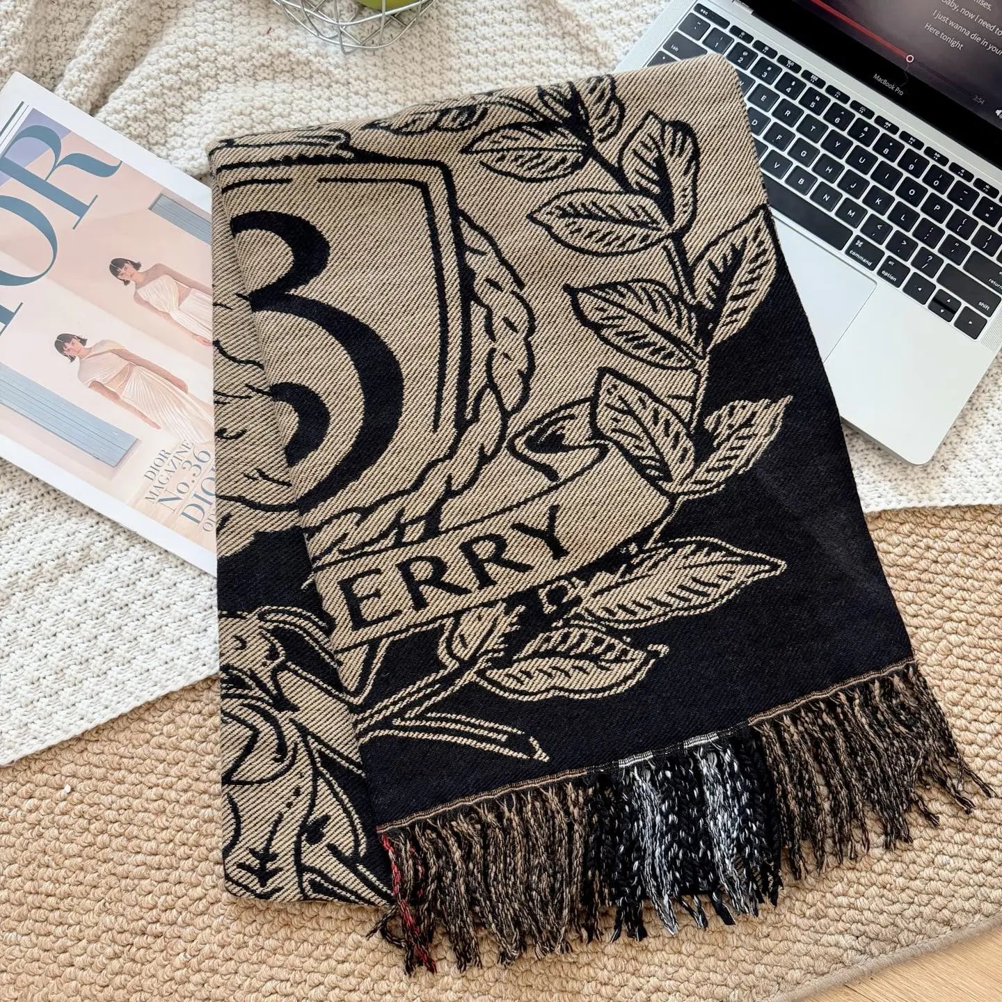 Burberry Logo Print Shawl Scarf Black Beige Scarves - 9