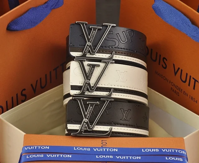 Louis Vuitton Belts LV Initiales buckle embossed monogram belt with contrast stripe product detail image 2