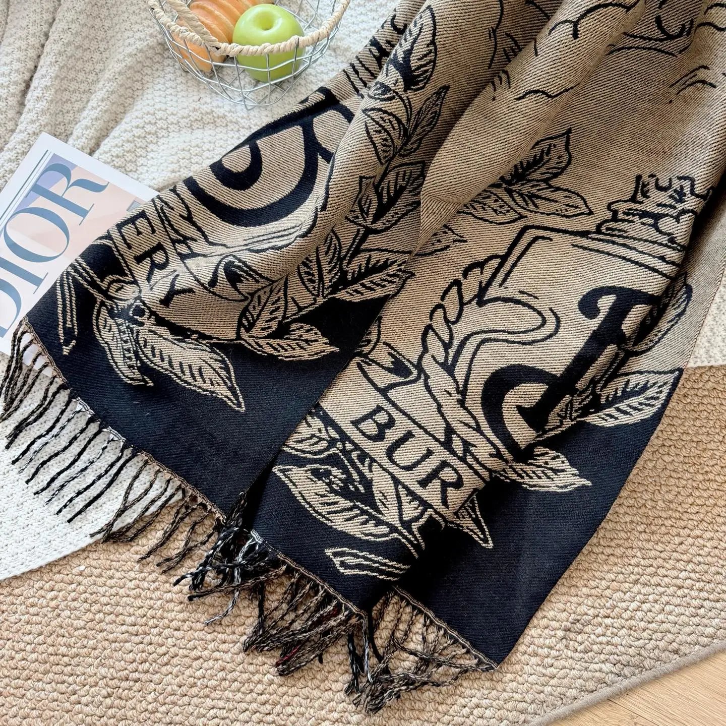 Burberry Logo Print Shawl Scarf Black Beige Scarves - 12