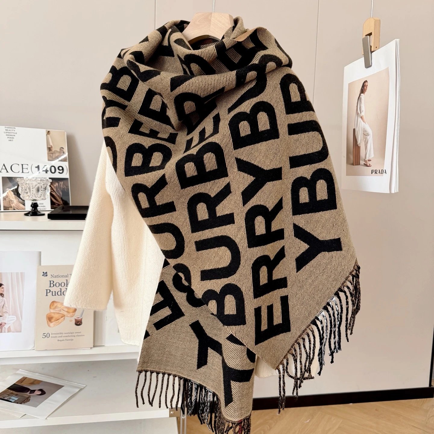 Burberry Logo Print Shawl Scarf Black Beige Scarves - 17