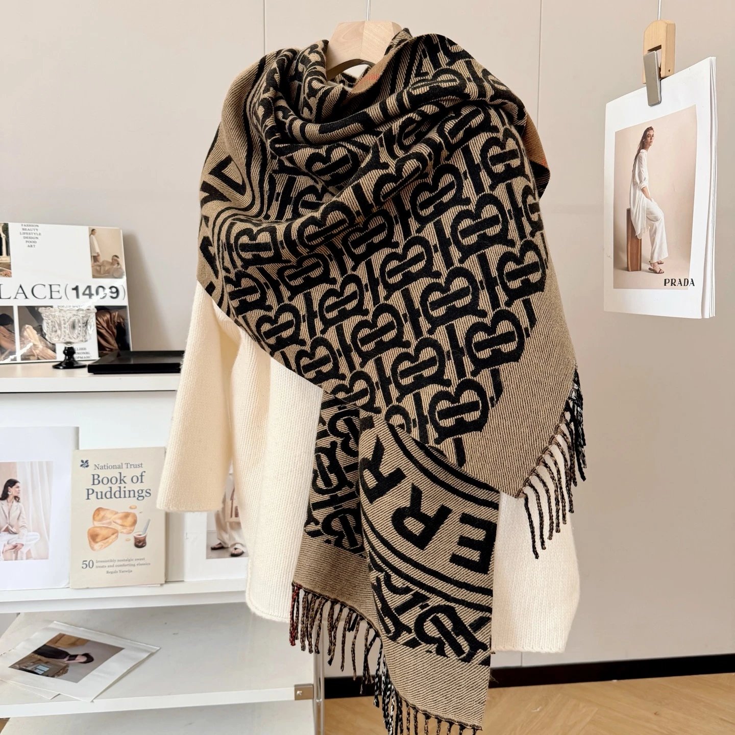 Burberry Logo Print Shawl Scarf Black Beige Scarves - 7