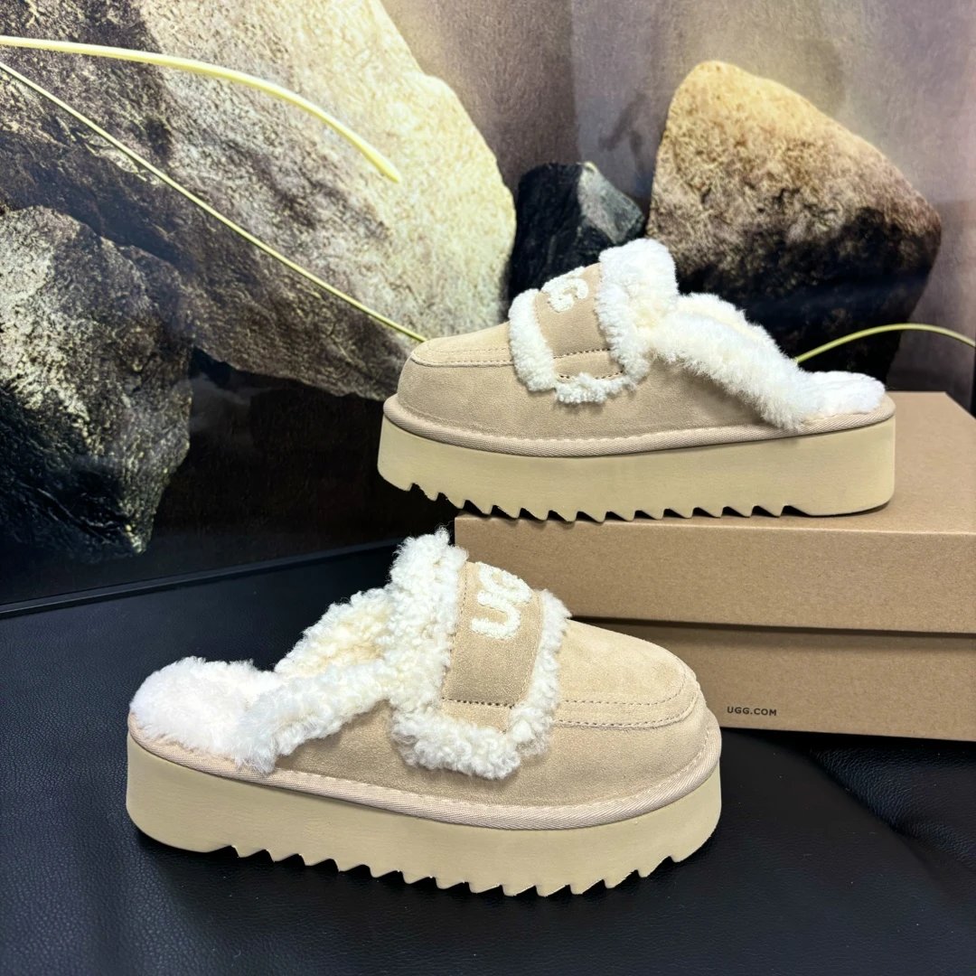 UGG Fluff Platform Slide Beige Suede Slippers - 15