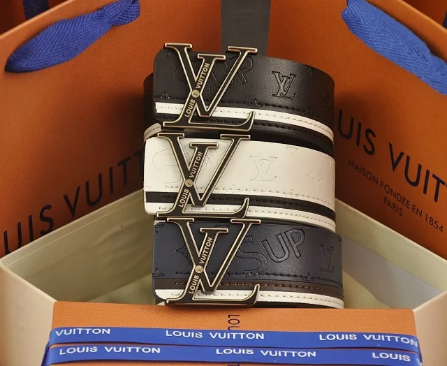 Louis Vuitton Belts LV Initiales buckle embossed monogram belt with contrast stripe product detail image 3