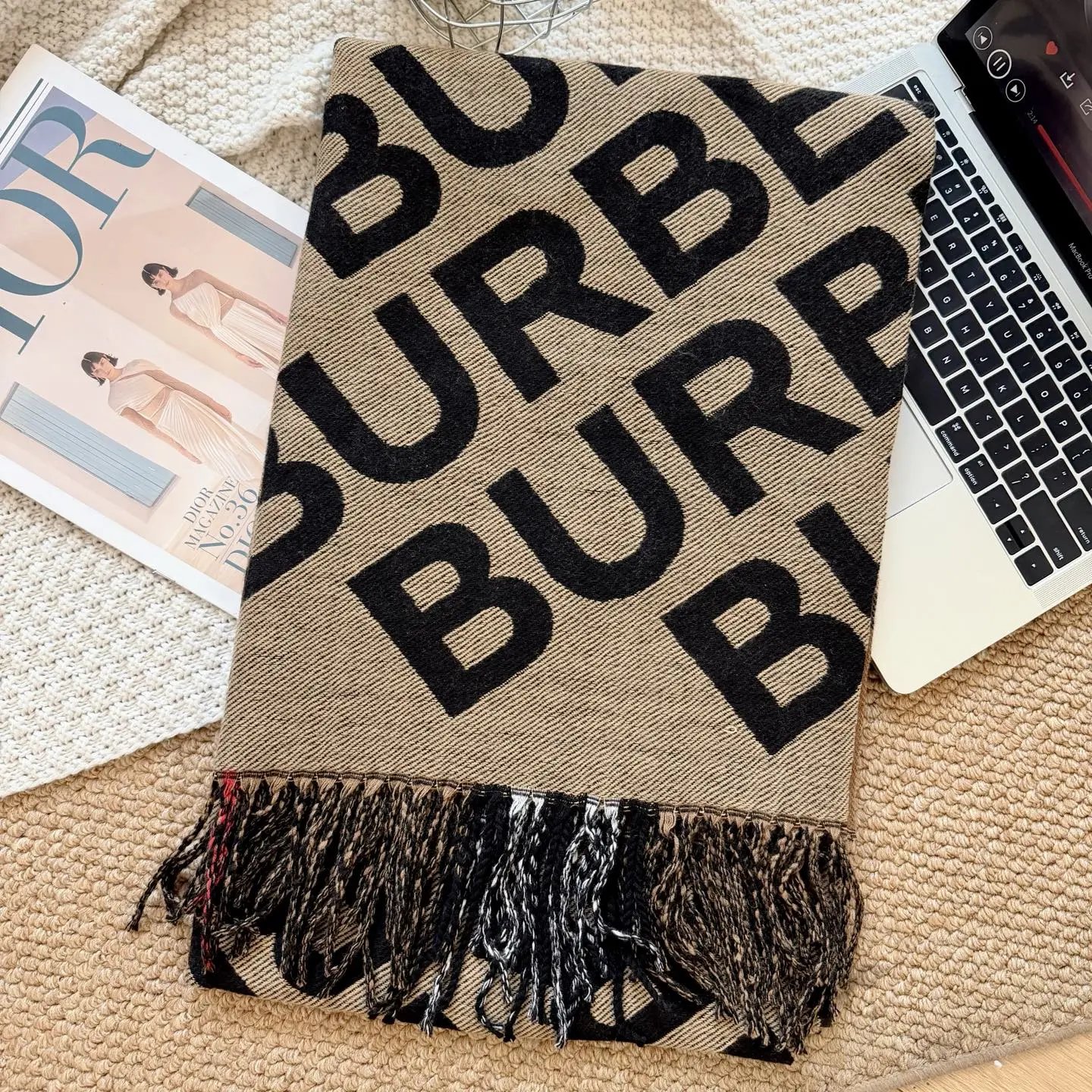 Burberry Logo Print Shawl Scarf Black Beige Scarves - 14
