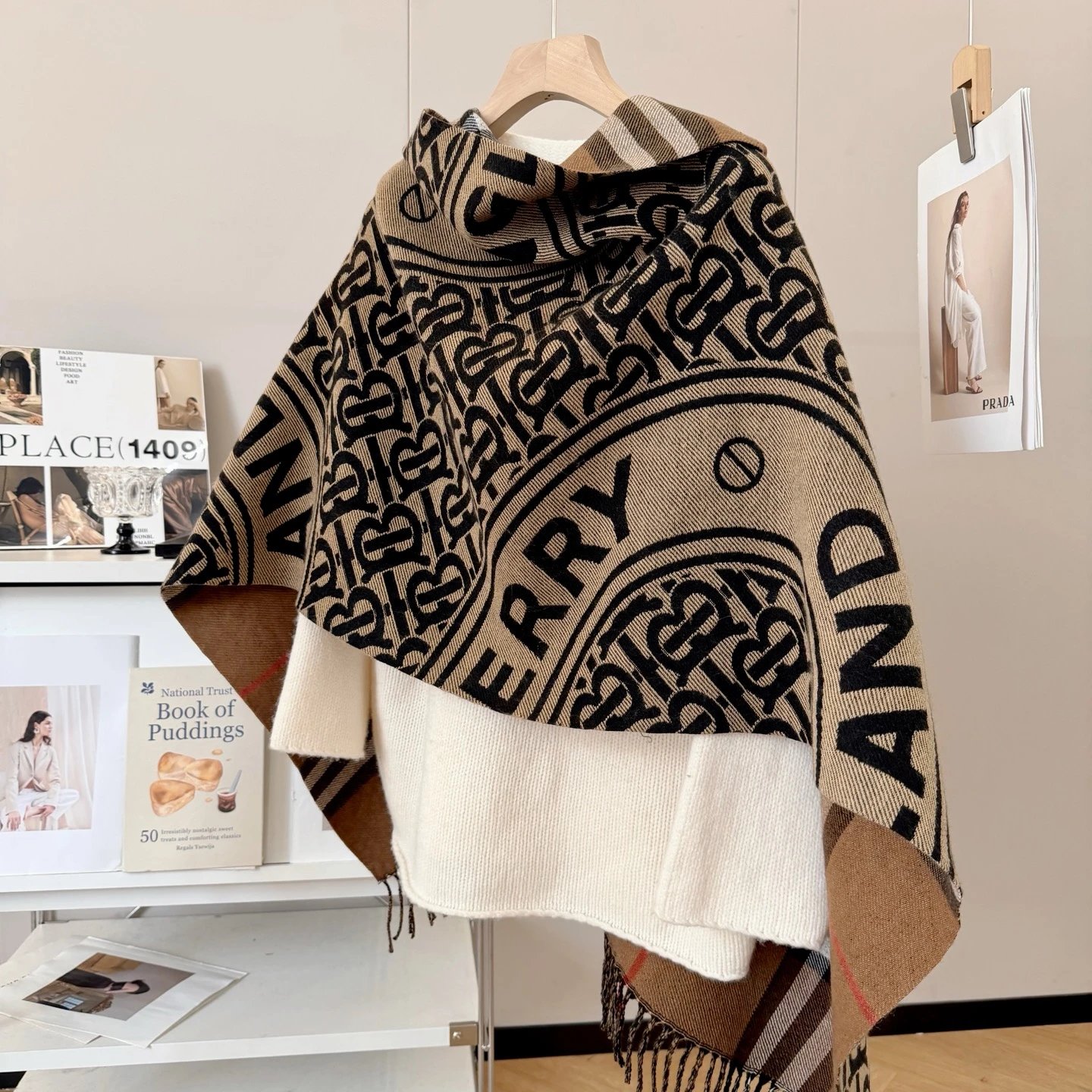 Burberry Logo Print Shawl Scarf Black Beige Scarves - 5