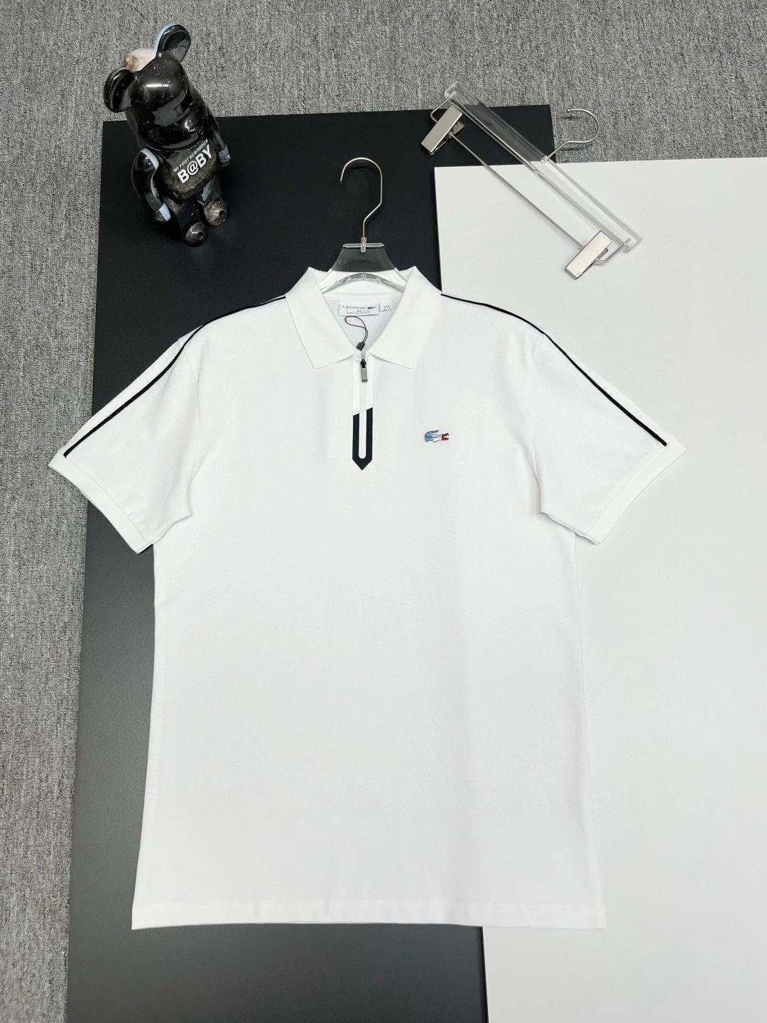 Lacoste Zip Polo Shirt White Black Side Stripe
