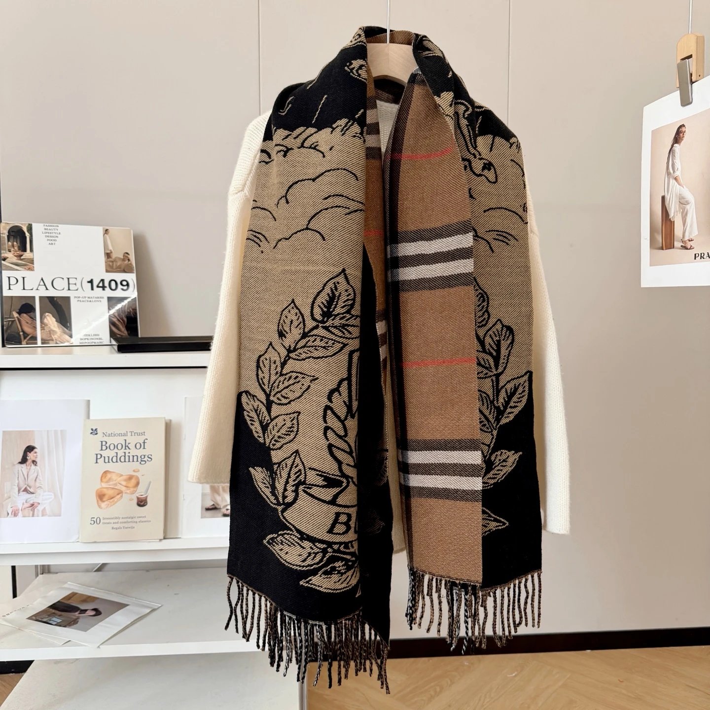 Burberry Logo Print Shawl Scarf Black Beige Scarves - 13