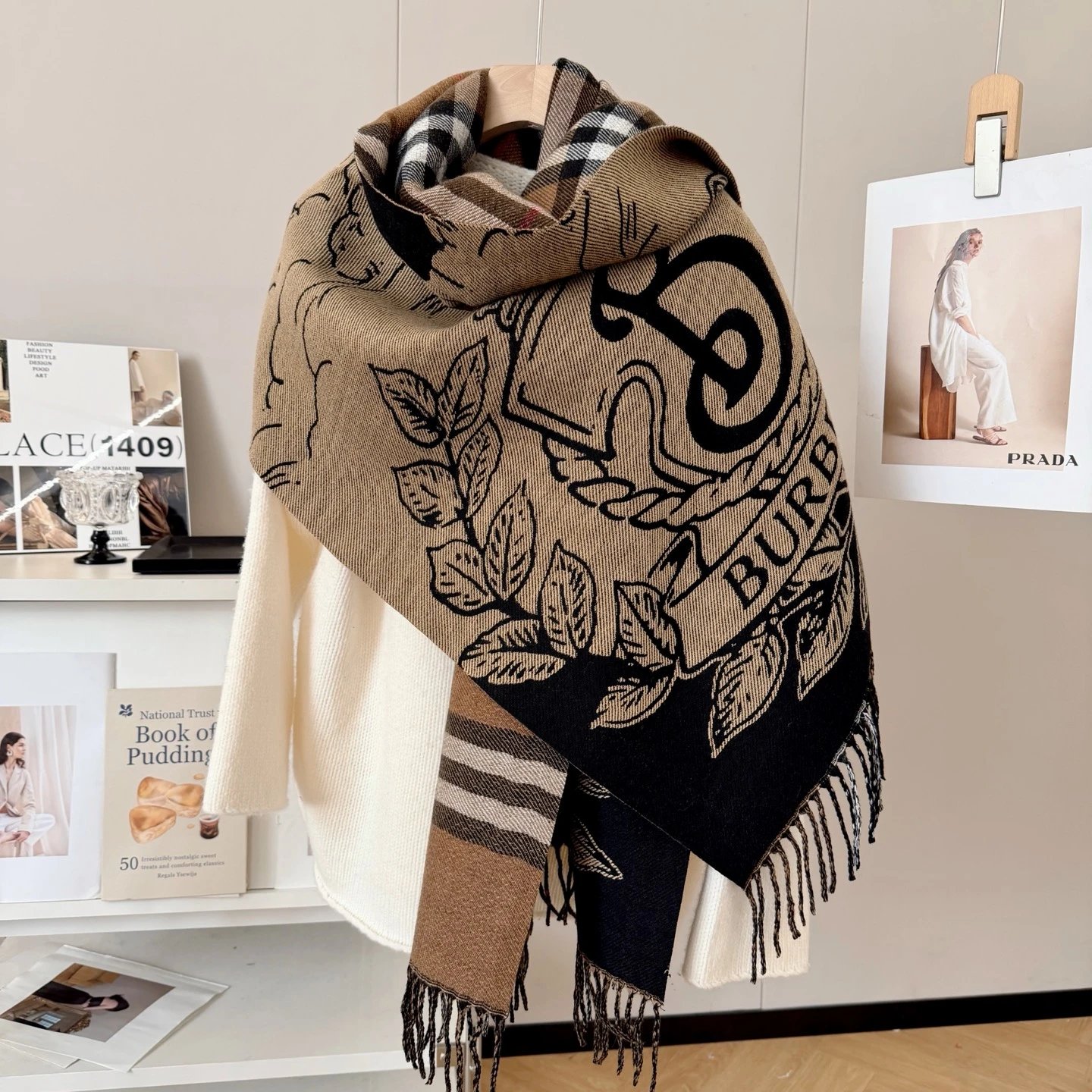 Burberry Logo Print Shawl Scarf Black Beige Scarves - 11
