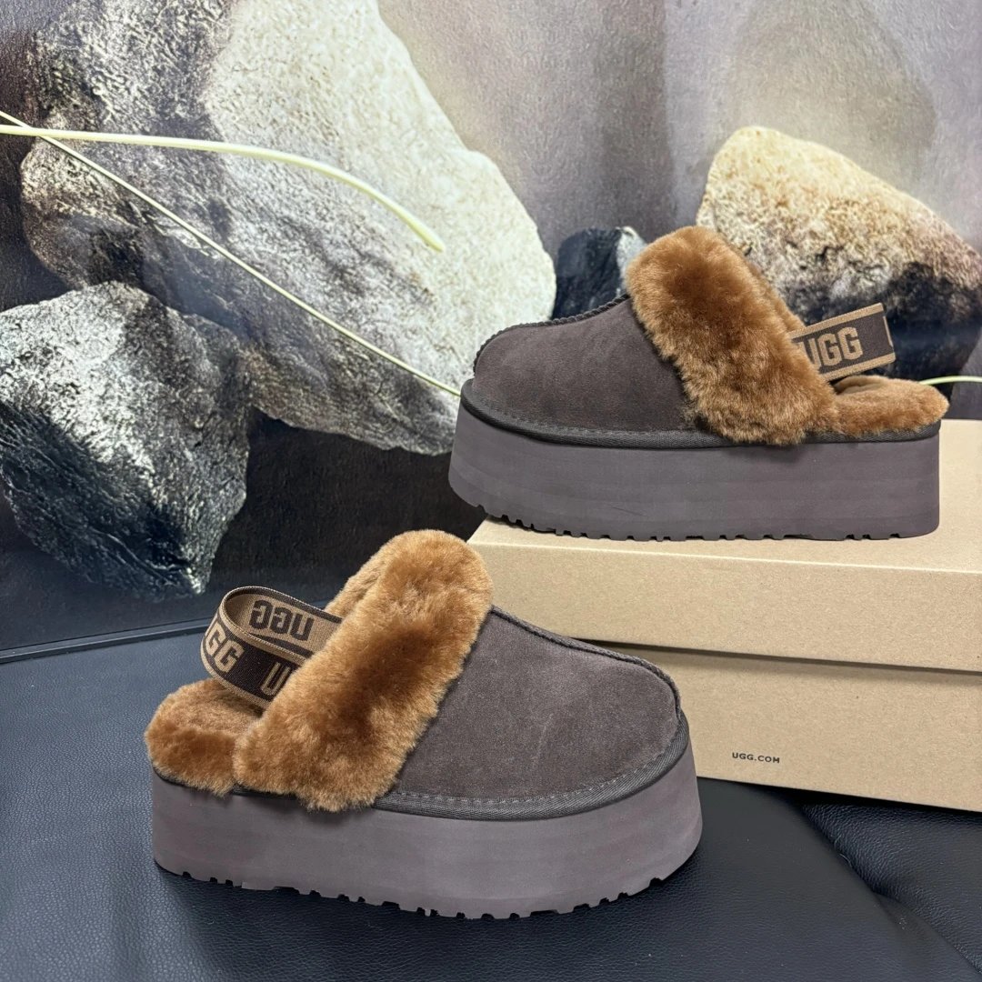 UGG Fluff Platform Slide Beige Suede Slippers - 12