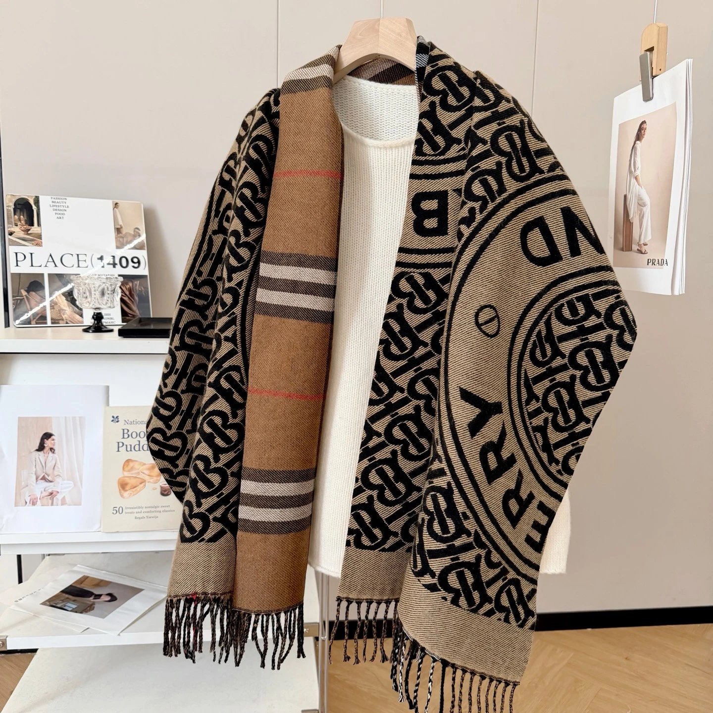 Burberry Logo Print Shawl Scarf Black Beige Scarves - 6