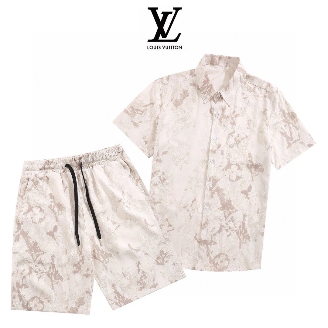 Louis Vuitton Fish Print Monogram Shirt Shorts Set Beige