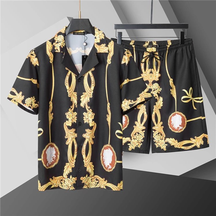 Versace Baroque Print Shirt and Shorts Set Black Gold