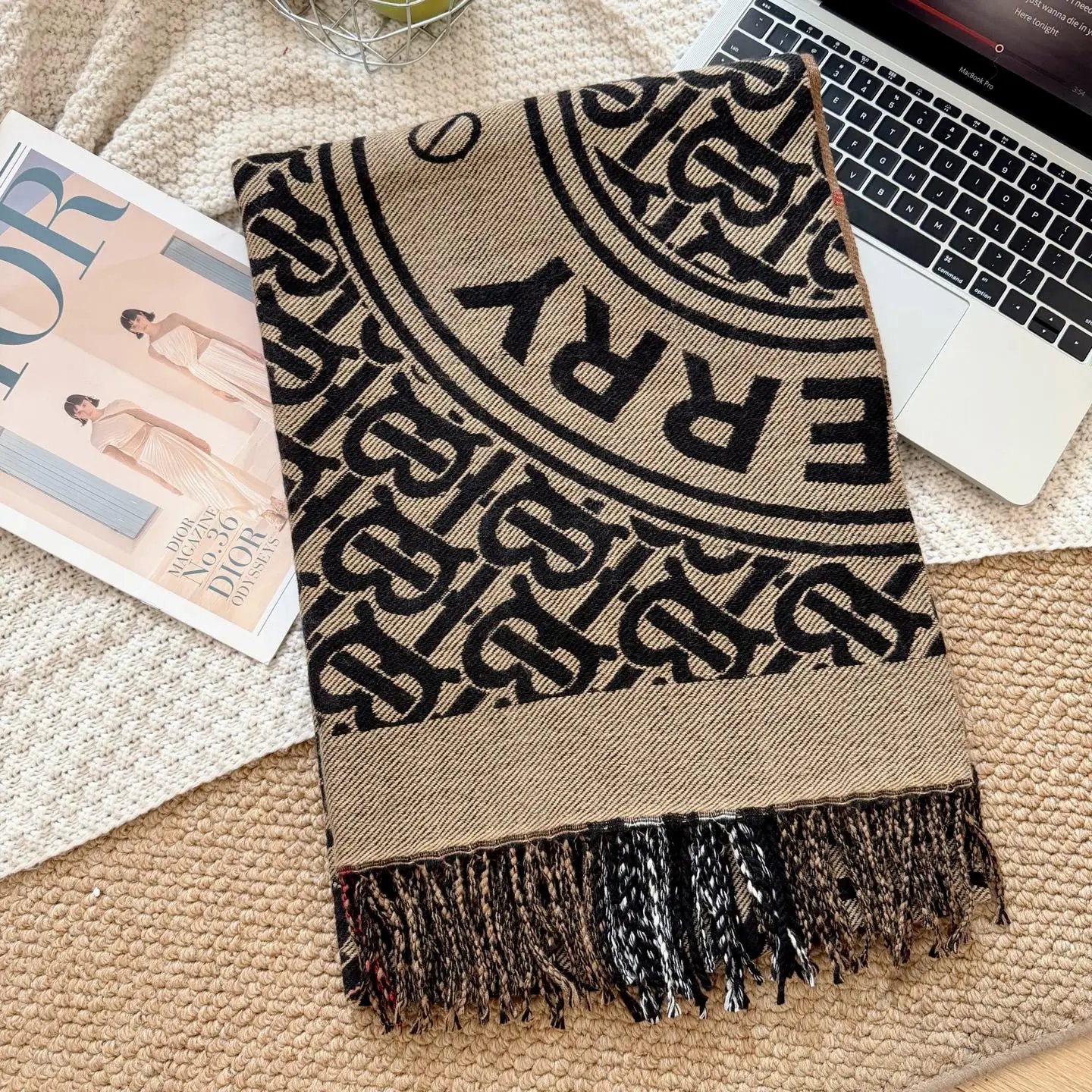 Burberry Logo Print Shawl Scarf Black Beige Scarves - 3