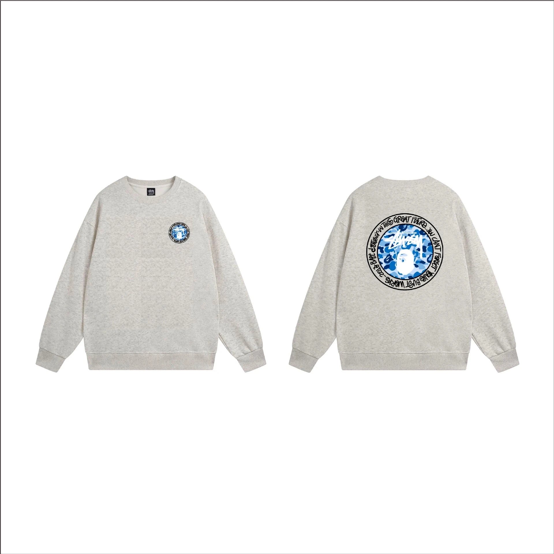 Stussy x BAPE Blue Camo Ape Crewneck Grey