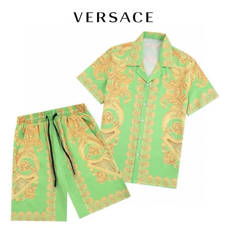 Versace Baroque Print Shirt Shorts Set Green Gold