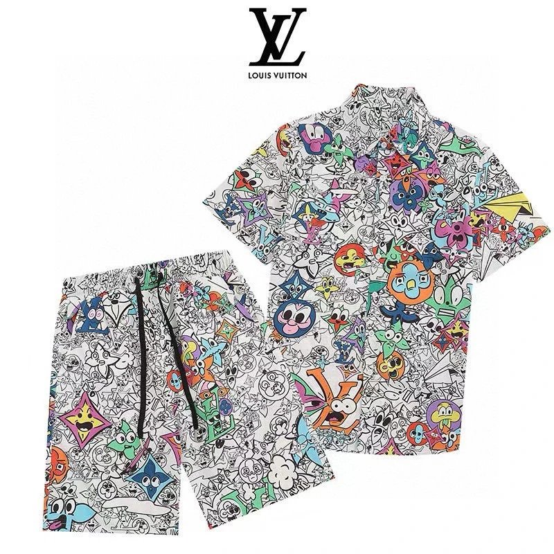 Louis Vuitton Cartoon Print Shirt Shorts Set White Multicolor