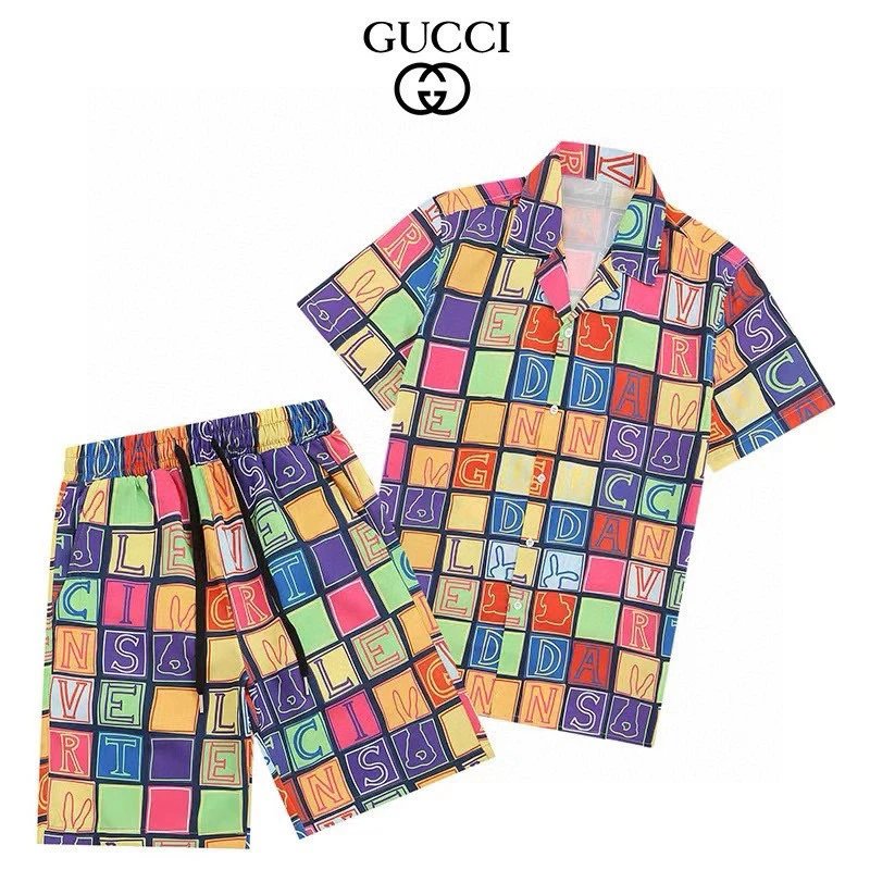 Gucci Letter Block Print Shirt Shorts Set Multicolor