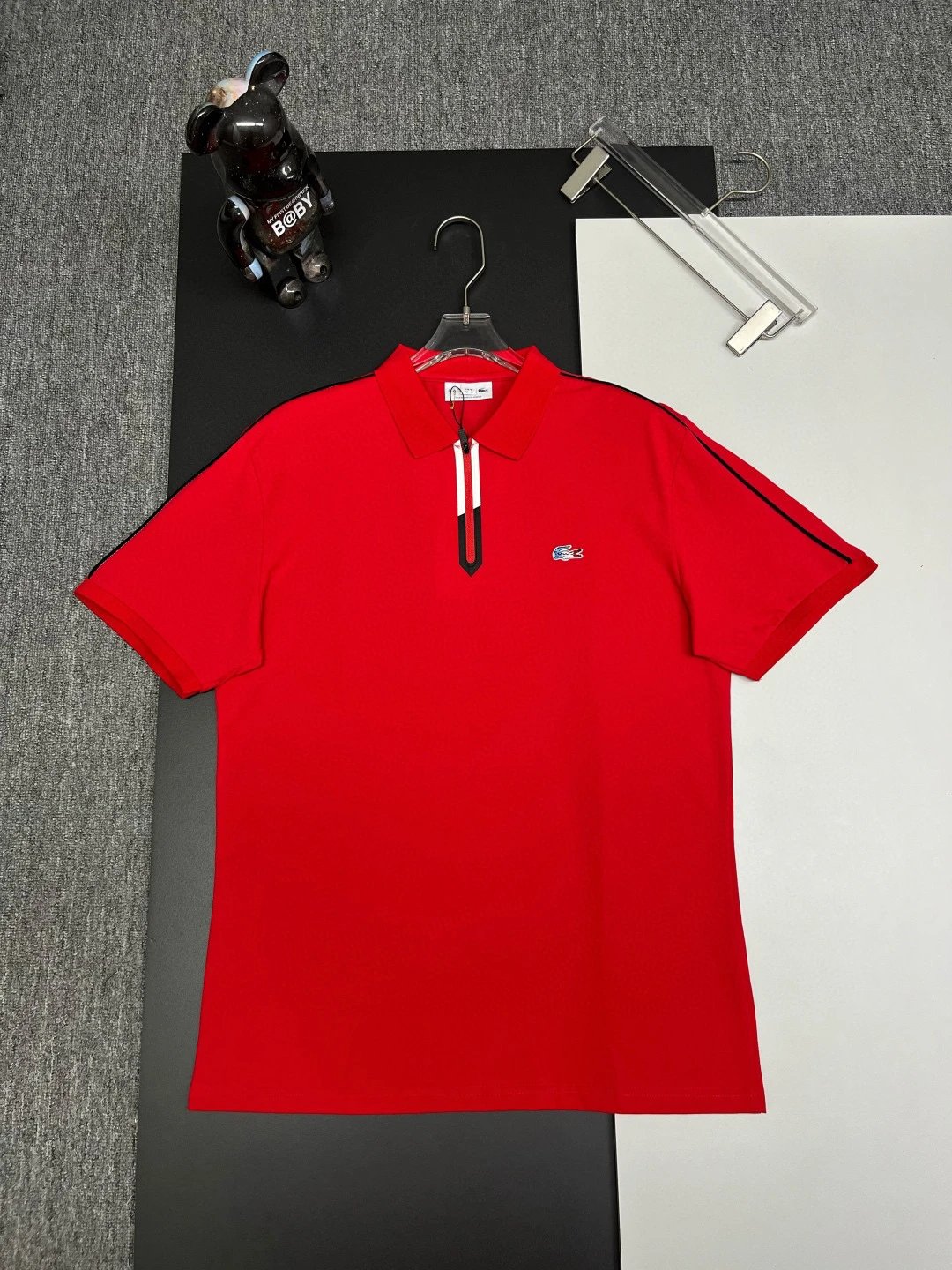 Lacoste Zip Polo Shirt Red Black Side Stripe
