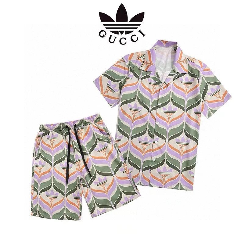 Gucci x Adidas Trefoil Wave Print Shirt Shorts Set Purple Green