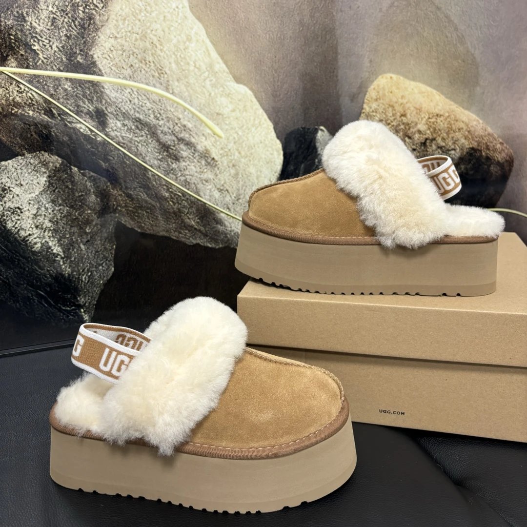 UGG Fluff Platform Slide Beige Suede Slippers - 11