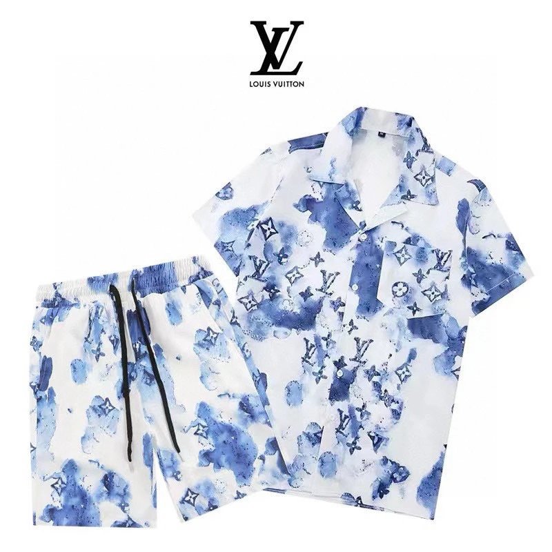 Louis Vuitton Watercolor Monogram Shirt Shorts Set Blue White