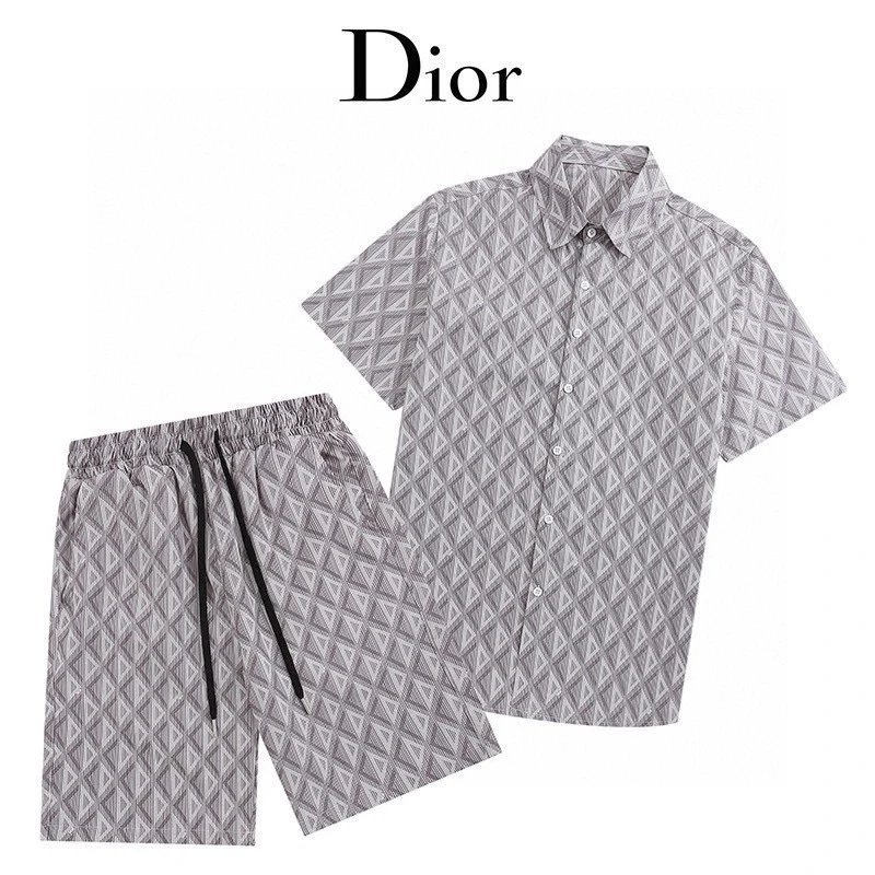 Dior Diamond Pattern Shirt Shorts Set Grey
