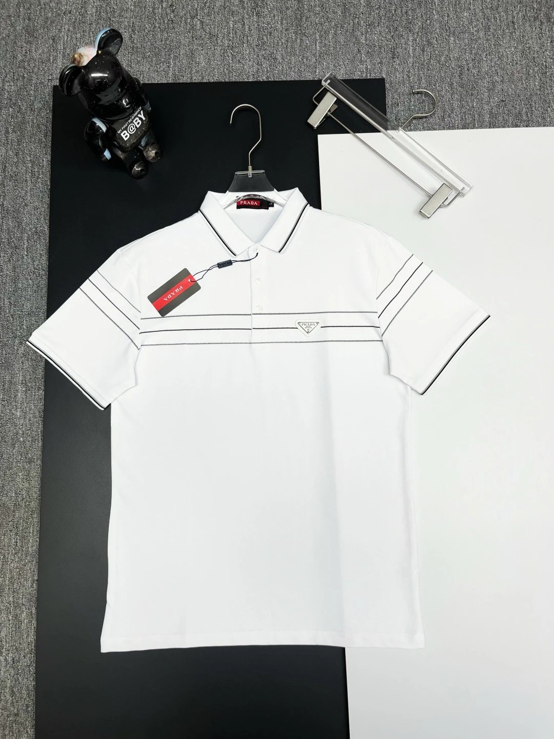 Prada Triangle Stripe Polo Shirt White