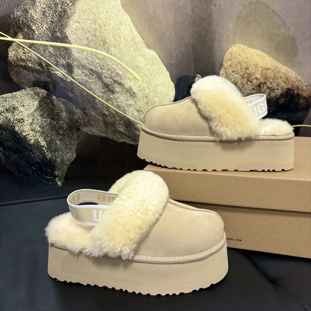 UGG Fluff Platform Slide Beige Suede Slippers - 13
