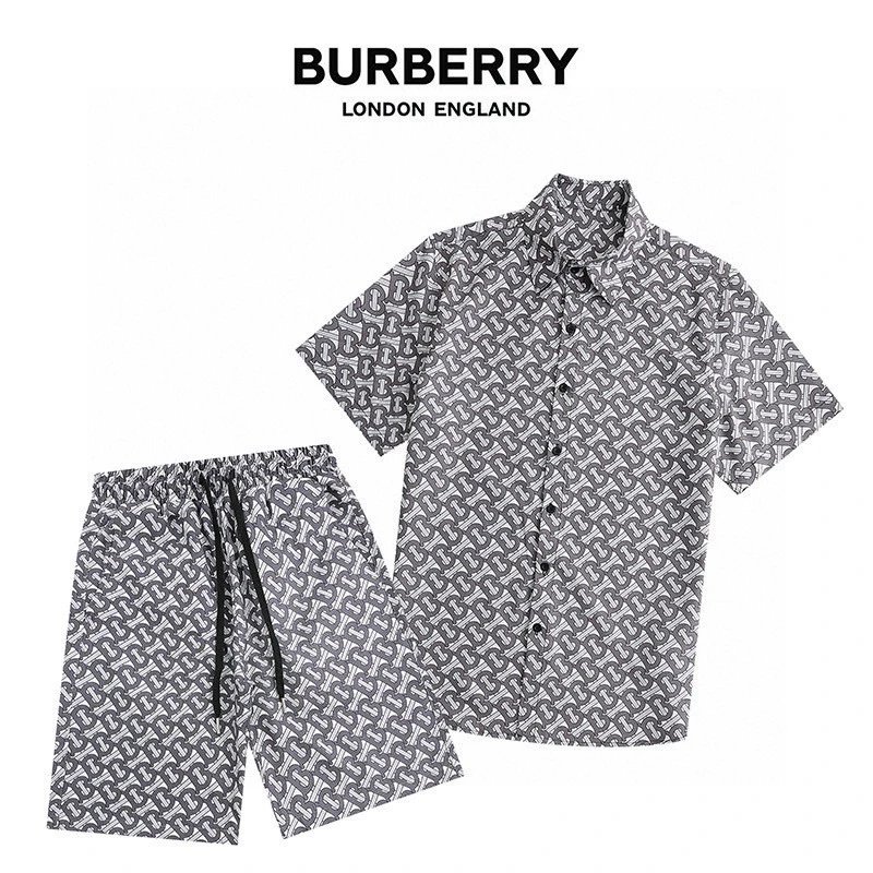 Burberry TB Monogram Print Shirt Shorts Set Grey White