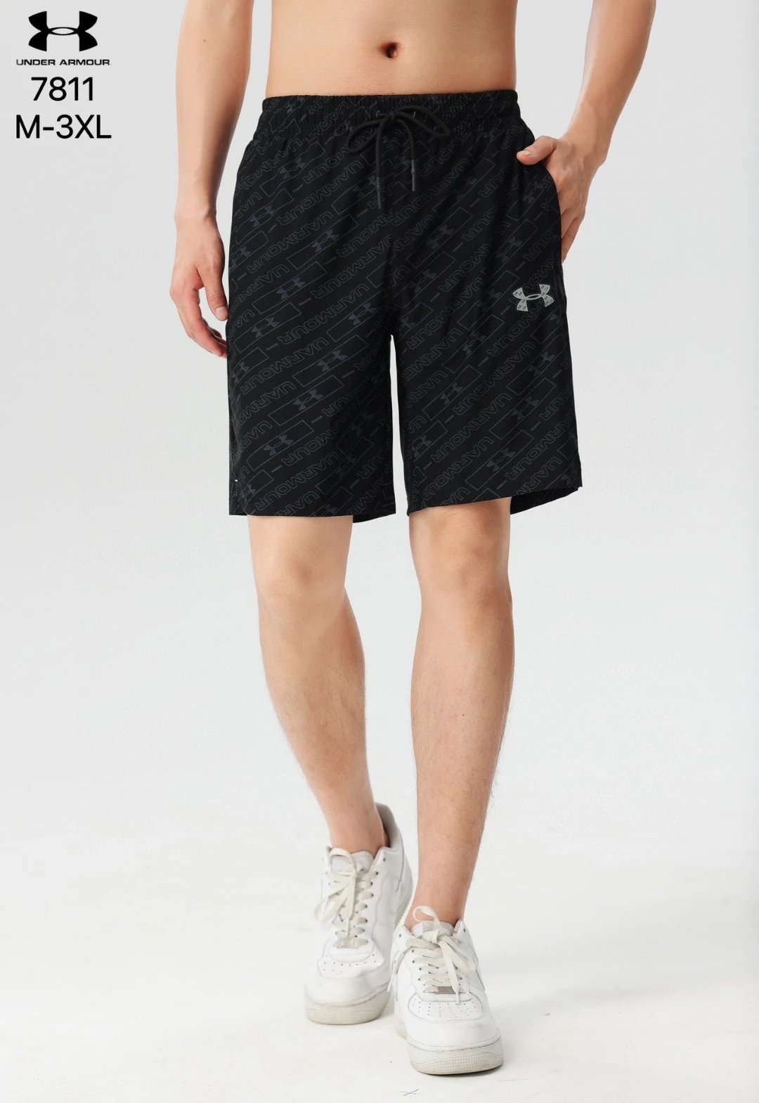 Under Armour 7811 All-Over Logo Print Athletic Shorts Black