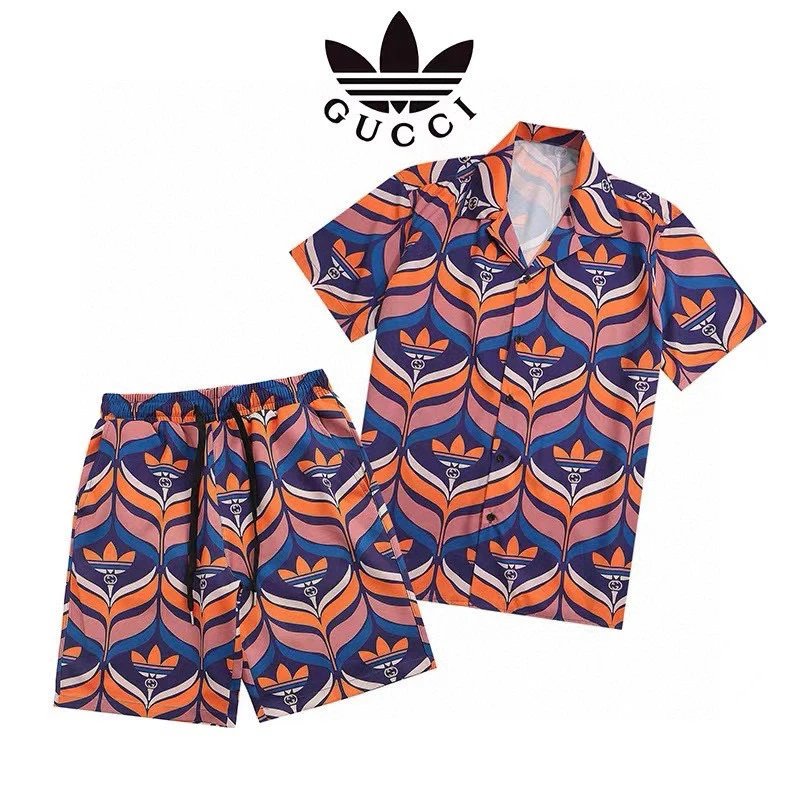 Gucci x Adidas Trefoil Wave Print Shirt Shorts Set Orange Blue