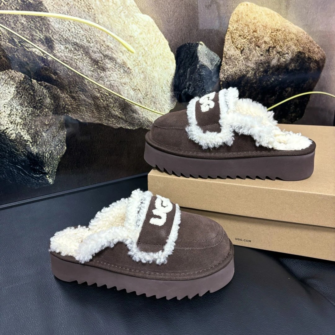 UGG Fluff Platform Slide Beige Suede Slippers - 14