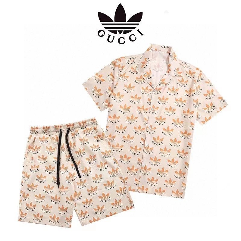 Gucci x Adidas Trefoil Print Shirt Shorts Set Cream Orange