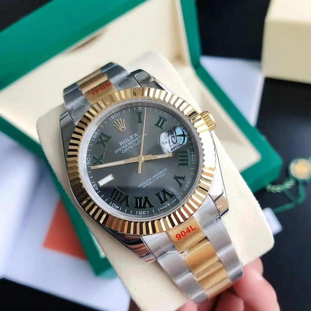 Two-Tone Yellow Gold Green Roman Dial · 3-Link Steel Band