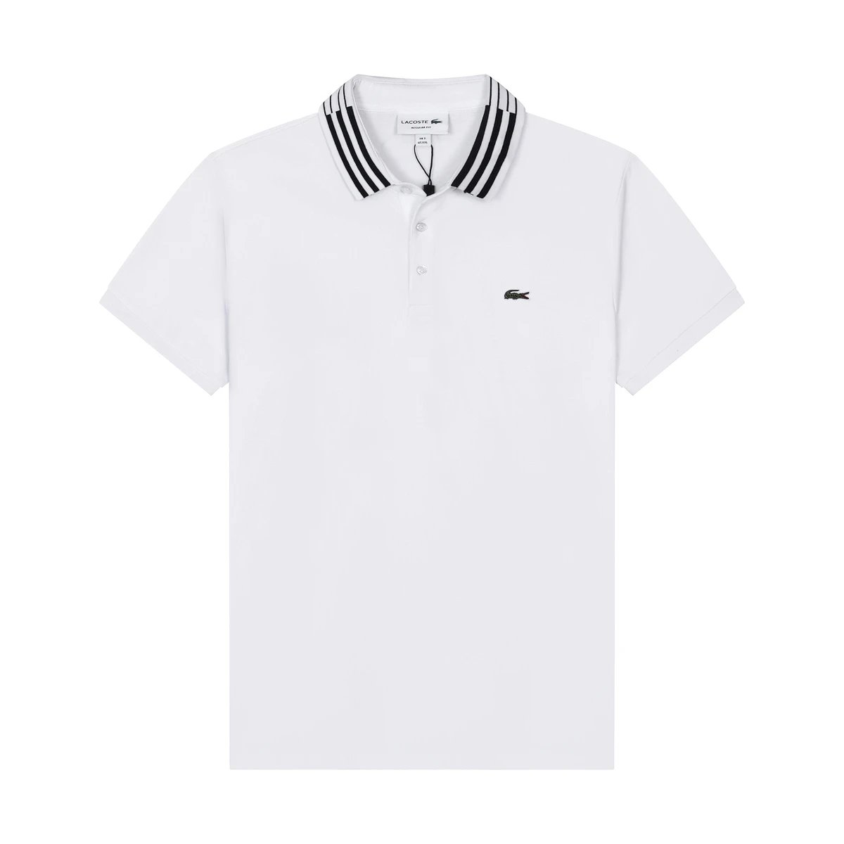 Lacoste Polo Shirt White Black Stripe Collar