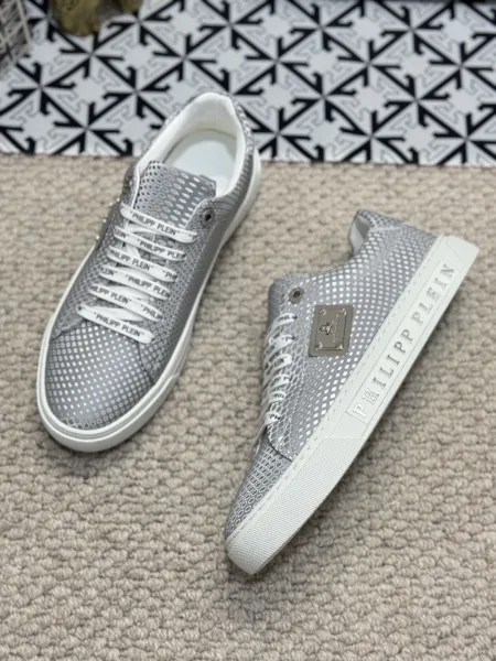 Philipp Plein Diamond Mesh Low-Top Silver Gray Sneakers - 1