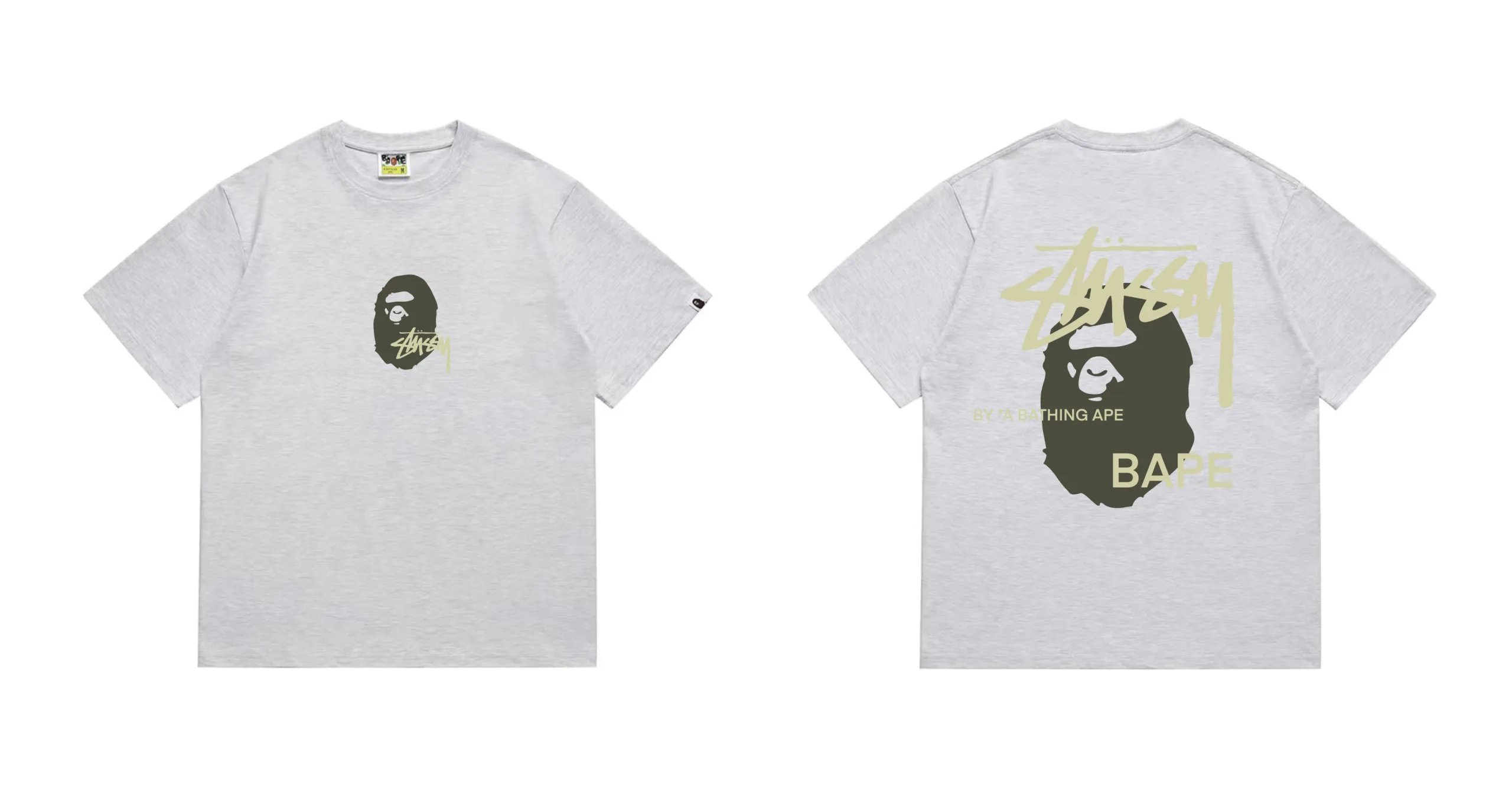 BAPE x Stussy Ape Head Collab Tee Ash Grey Olive