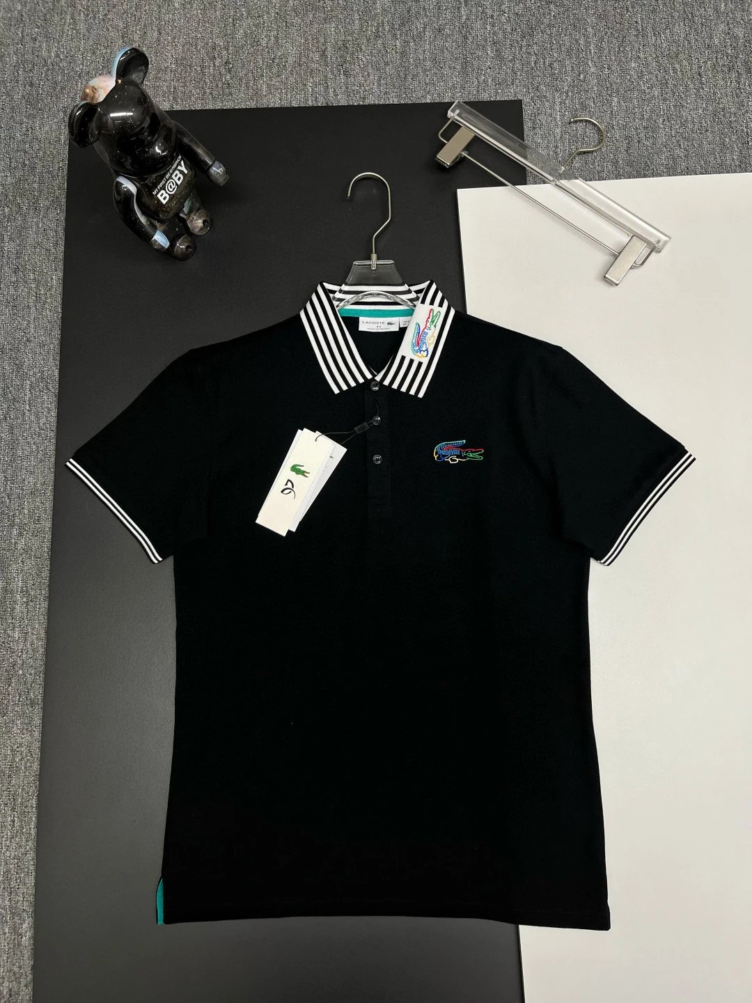Lacoste Striped Collar Big Croc Polo Shirt Black