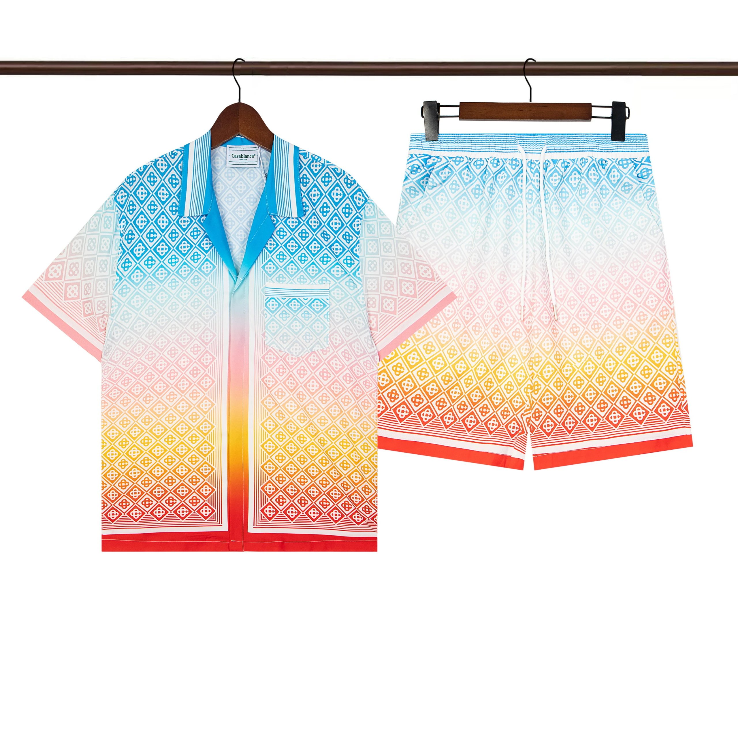 Casablanca Monogram Diamond Gradient Silk Shirt & Shorts Set Rainbow