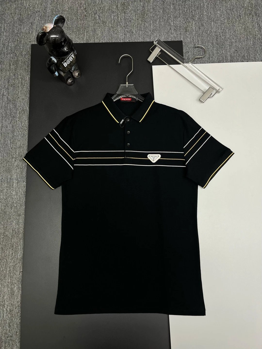 Prada Triangle Stripe Polo Shirt Black Yellow