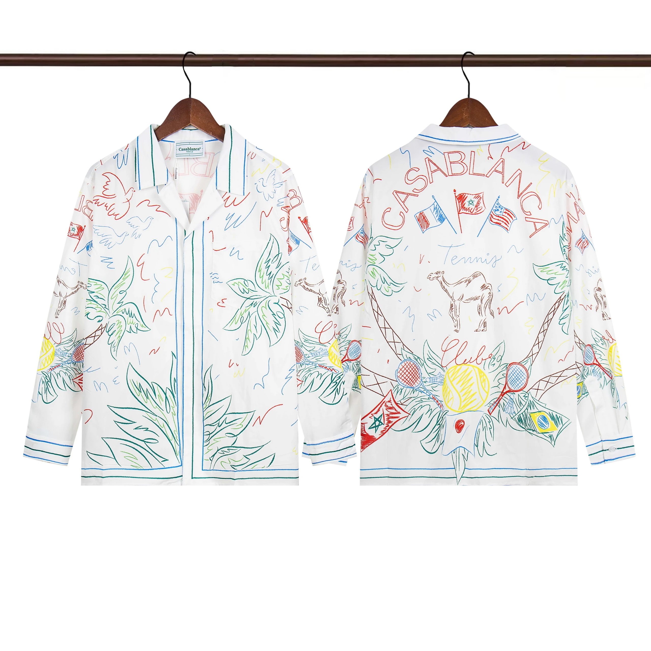 Casablanca Tennis Club Sketch Print Silk Shirt White