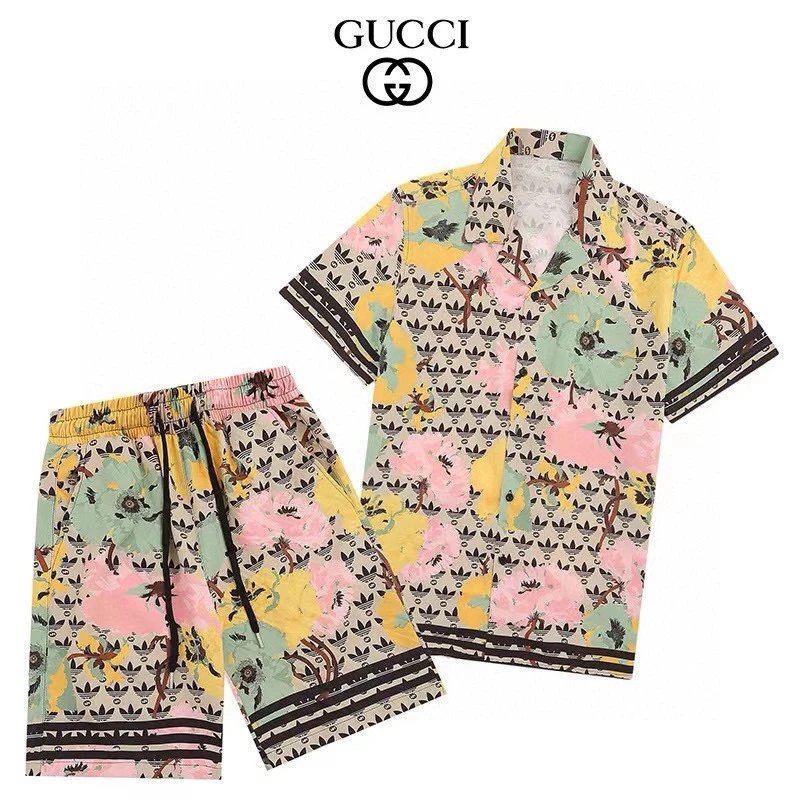Gucci x Adidas Floral Print Shirt Shorts Set Pink Yellow