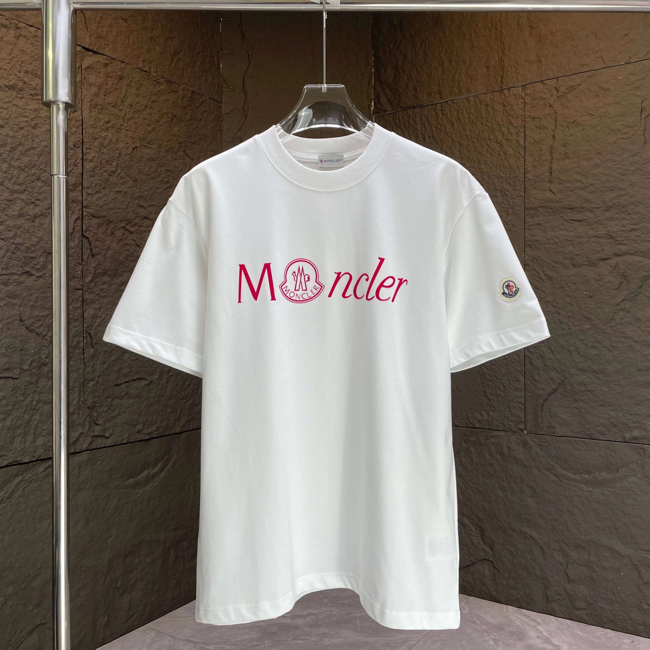 Moncler Script Logo Tee White Pink