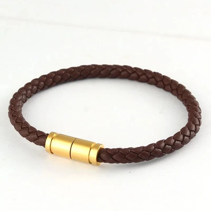 Design Braided Leather Bracelet with Gold Magnetic Clasp Black Bracelet - 12
