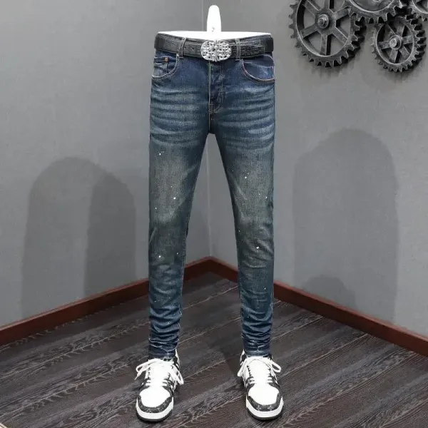Design Distressed Crystal-Embellished Slim Fit Jeans with Embellished Belt - 1