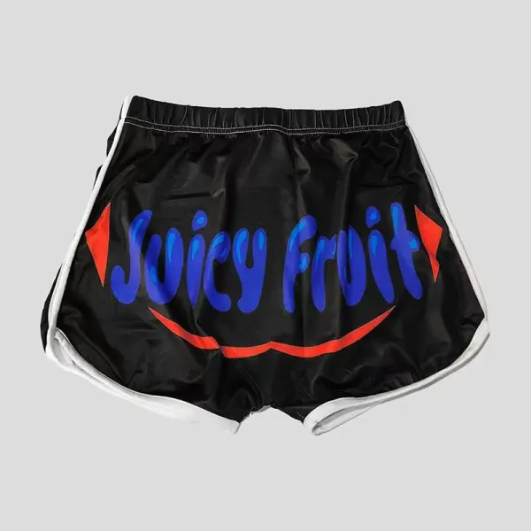 Design Juicy Fruit Graphic Print Satin Shorts Black Shorts - 1