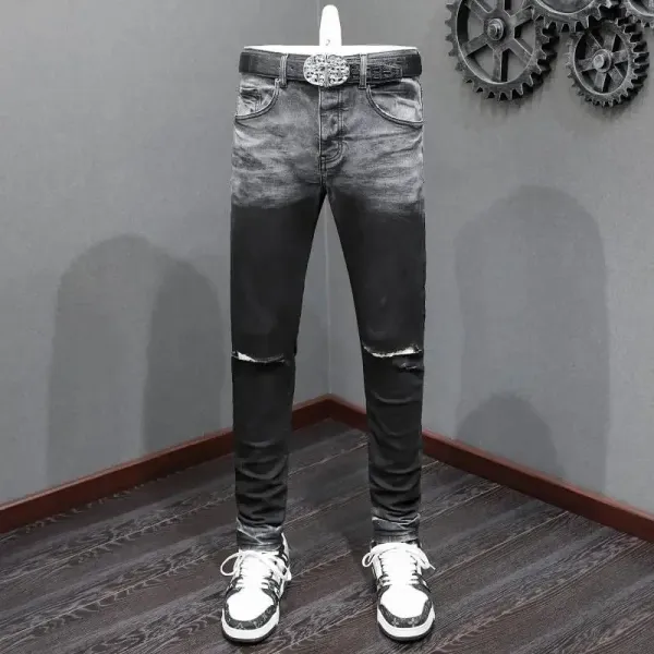 Design Distressed Ombre Wash Jeans with Ripped Knees and Embellished Belt - 1